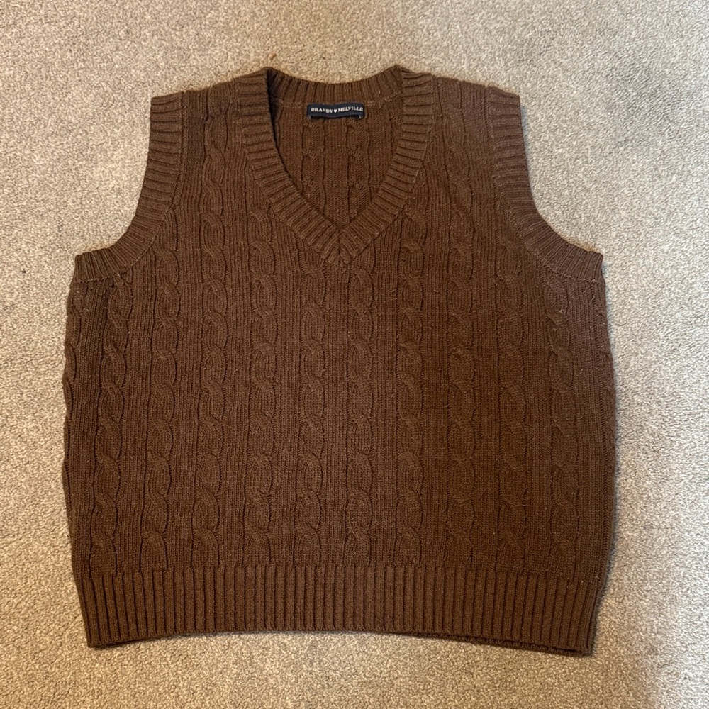 Brandy Melville Brown Wool Blend V Neck Cable Knit Vest